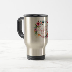 Caneca Térmica Coroa Floral de Aquarela do Dia das Mães em Rosa V