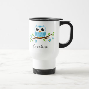 Caneca Térmica Coruja azul no nome customizável de florescência