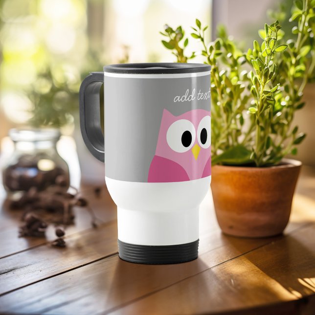 Caneca Térmica Coruja de Cartoon Bonita - Nome Personalizado Rosa (Personalized travel mug - add photos and text or customize completely)