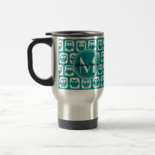 Caneca Térmica Corujas Brancas e Teais Monogramas