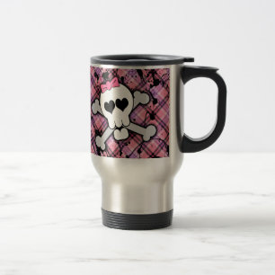 Caneca Térmica Crânio cor-de-rosa e Crossbones com corações e