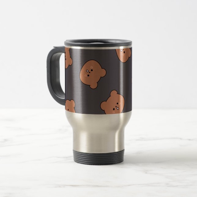 Caneca Térmica Cute Brown Teddy Bear Face Pattern Dark Blue (Frente Esquerda)