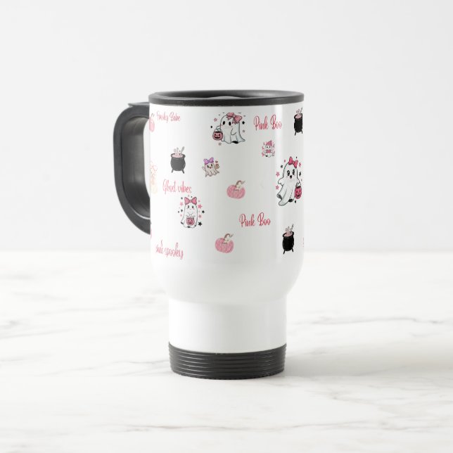 Caneca Térmica Cute Pink Boo Ghost Travel Mug | (Frente Esquerda)