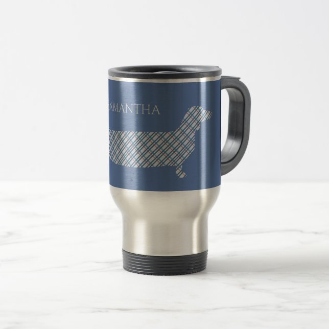 Caneca Térmica Dachshund da xadrez no azul (Frente Esquerda)