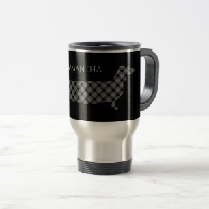 Caneca Térmica Dachshund Xadrez em Preto Personalizado Elegante