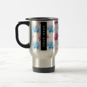 Caneca Térmica Dália Rosa e Azul, Padrão Floral, Seu Nome