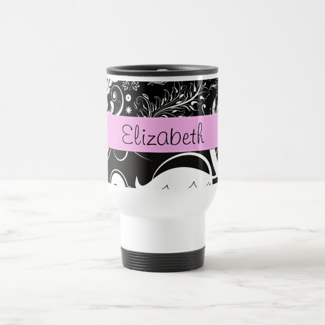 Caneca Térmica Damasco francês, flores, preto e branco, seu nome (Centro)