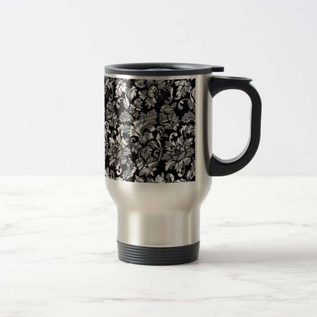 Caneca Térmica Damascos Florais De Prata Preta E Metálica (Direita)