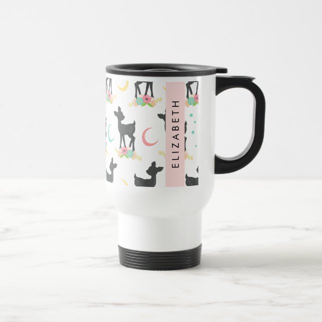 Caneca Térmica Deer Pattern, Baby Deer, Boho, Flores, Seu Nome (Direita)
