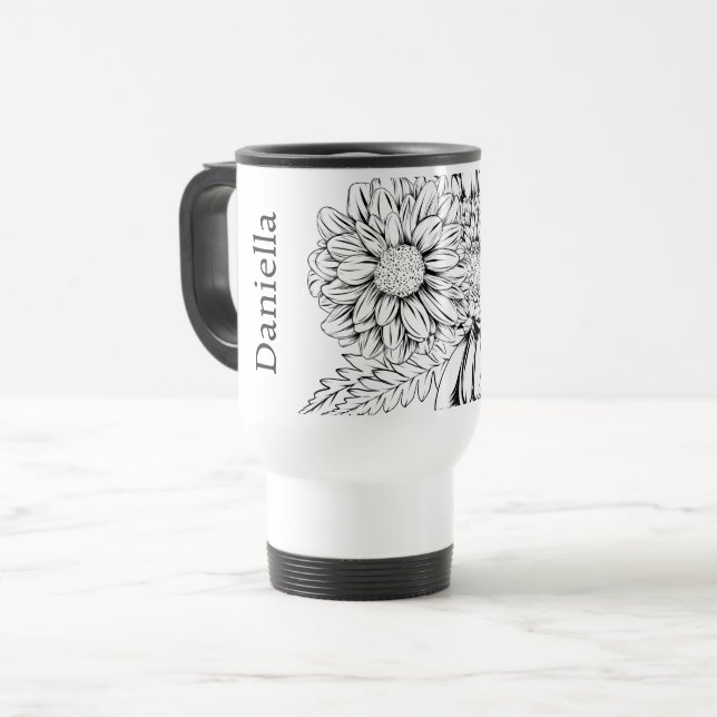 Caneca Térmica Desenho da linha preta do crisântemo com o seu nom (Frente Esquerda)
