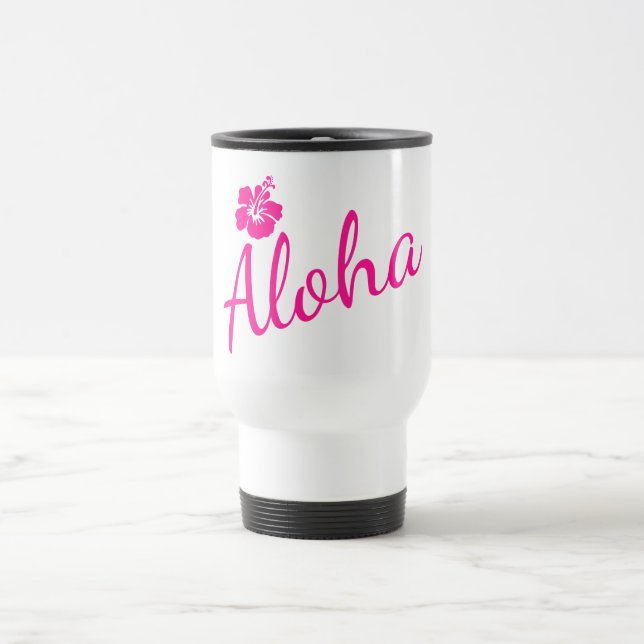 Caneca Térmica Design de texto rosa original ALOHA e flor (Centro)