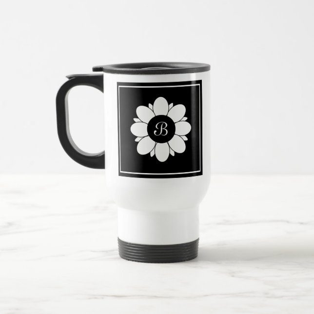 Caneca Térmica Design inicial de Flor Simples Preto e Branco (Esquerda)
