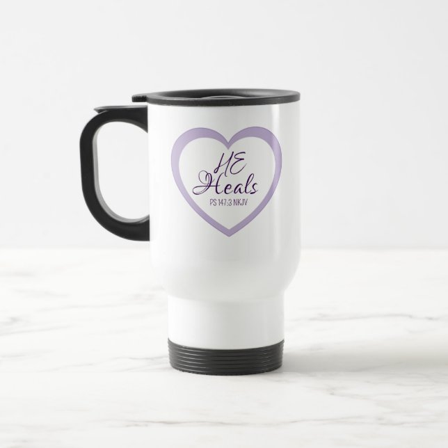 Caneca Térmica Deus Cura os Quebrantados Roxo Claro e Branco (Esquerda)