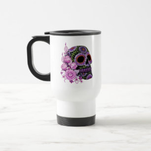 Caneca Térmica Dia preto floral cor-de-rosa do crânio do açúcar
