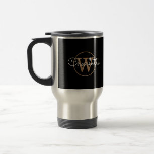 Caneca Térmica Dourado Monograma de Script Elegante Moderno Preto