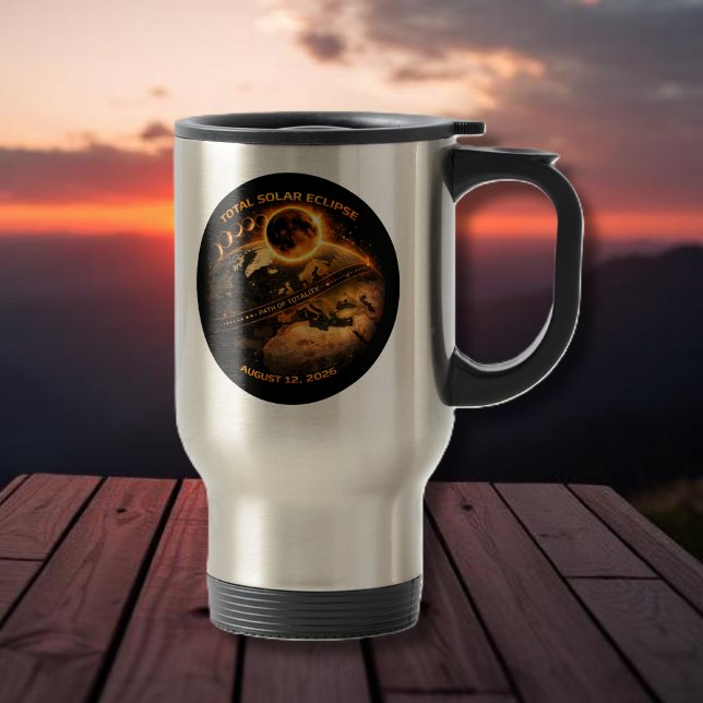 Caneca Térmica Eclipse Total do Sol 2026 Caminho da Totalidade (Total Solar Eclipse 2026 Path of Totality Travel Mug )