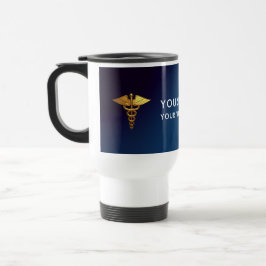 Caneca Térmica Elegante Caduceu de Médico em Ouro e Azul Marinho