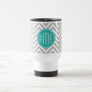 Caneca Térmica Elegante Xadrez Cinza Moderno e Monograma em Verde