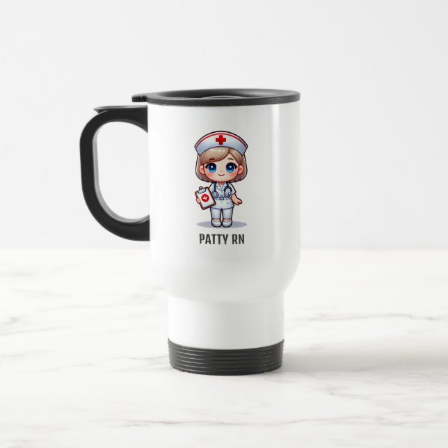 Caneca Térmica Enfermeira Manga Fofo com Cabelo Loiro Olhos Azuis (Esquerda)