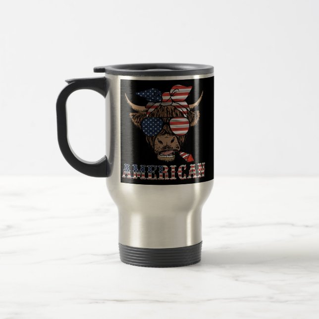 Caneca Térmica Engraçado 4 de julho Merica Highland Cow America (Esquerda)