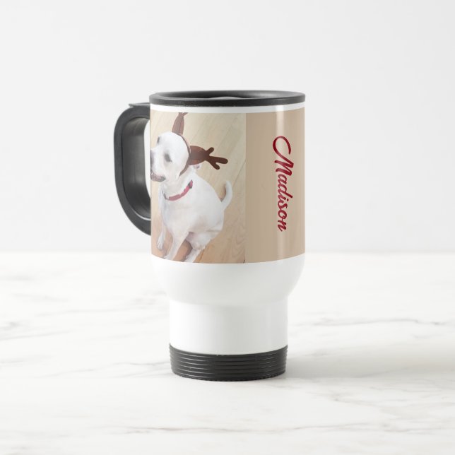 Caneca Térmica Engraçado Reindeer Cachorro Nome Personalizado Nat (Frente Esquerda)