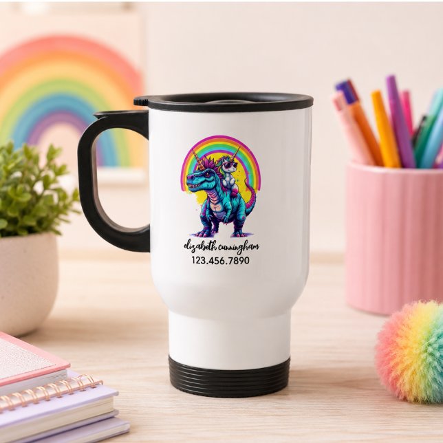 Caneca Térmica Escola Nome Arco-íris Dinossauro Montado Unicórnio (Unicorn Riding Dinosaur Rainbow Name school Travel Mug)