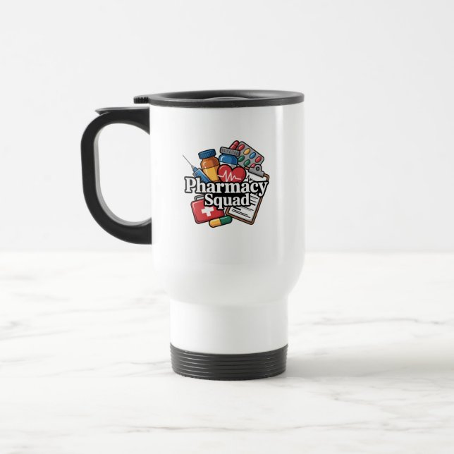Caneca Térmica 'Esquadrão da Farmácia'. (Esquerda)