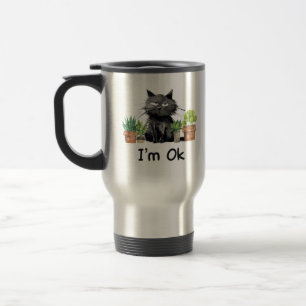Caneca Térmica estou bem, gato preto engraçado com plantas
