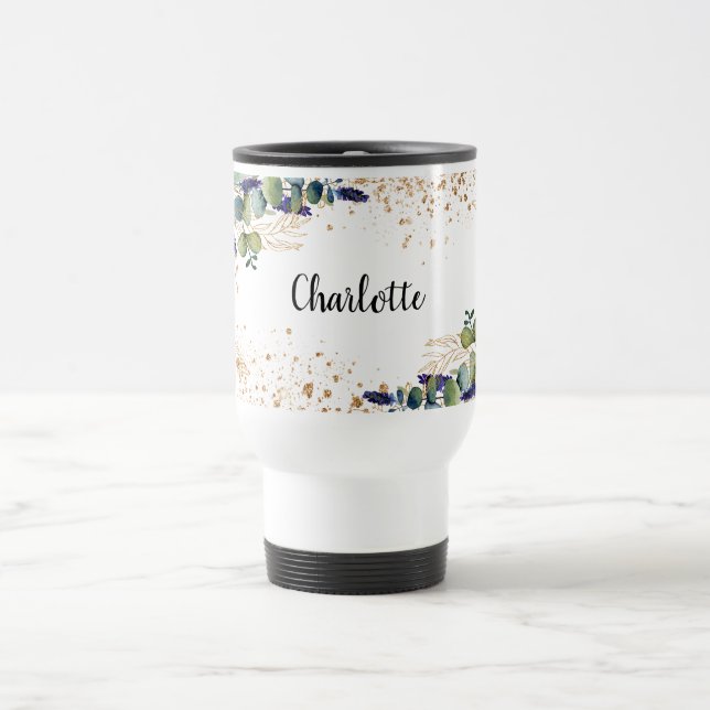 Caneca Térmica Eucalyptus greenery gold glitter name script (Centro)
