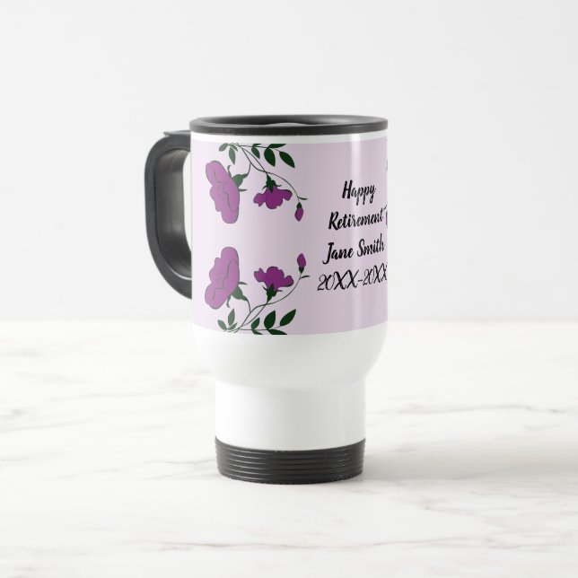 Caneca Térmica Feliz aposentadoria Roxo Floral Funcionário (Frente Esquerda)