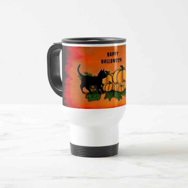 Caneca Térmica Feliz Dia das Bruxas, Gato Negro, Bat e Abóbora (Frente Esquerda)