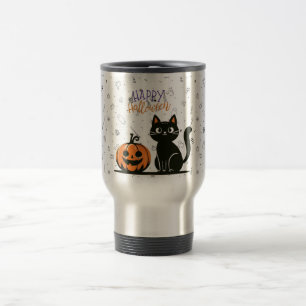 Caneca Térmica Feliz gato de Dia das Bruxas e abóbora