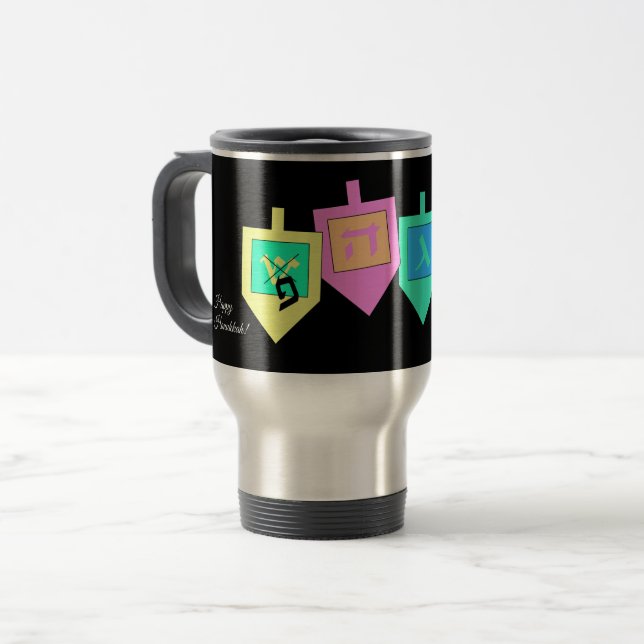 Caneca Térmica Feliz Hanukkah Inglês Hebraico (Frente Esquerda)