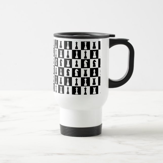 Caneca Térmica Figuras de Jogo de Xadrez Preto e Branco Padrão (Direita)