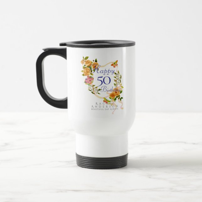 Caneca Térmica Fita de Rosa Dourada 50º Aniversário (Esquerda)