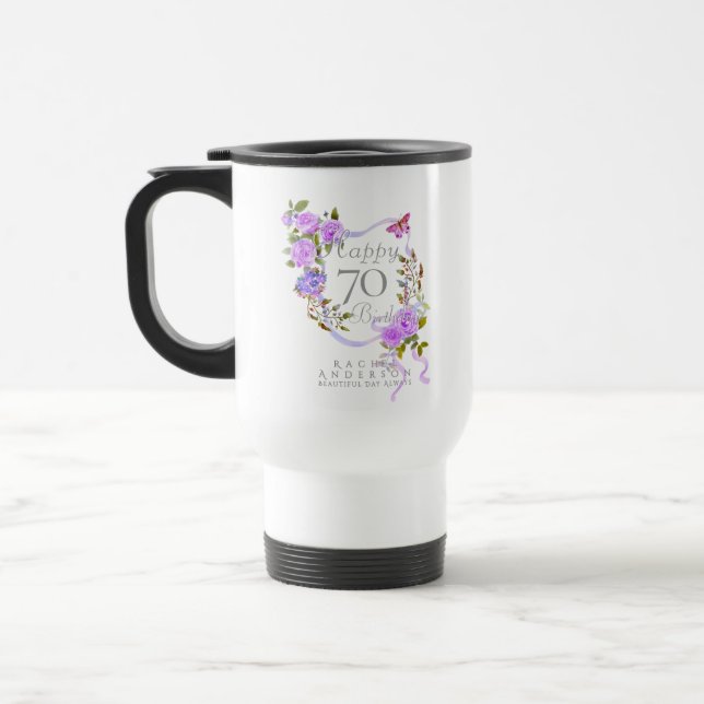Caneca Térmica Fita de Rosa Roxa de 70 Anos (Esquerda)