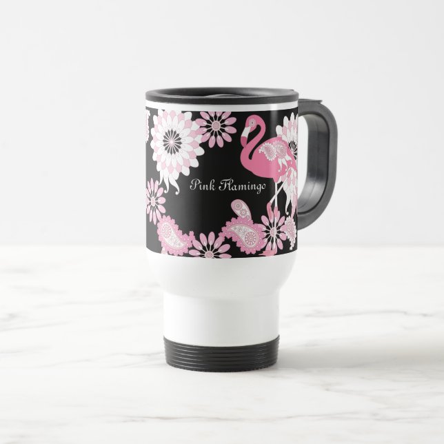Caneca Térmica Flamingo Rosa Preto Moderno Caprichoso (Frente Esquerda)