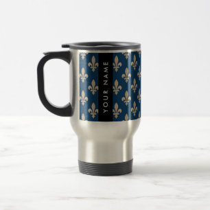 Caneca Térmica Fleur de Lis, Bege sobre Azul Marinho, Real, Seu N