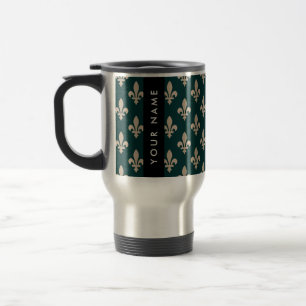 Caneca Térmica Fleur de Lis, Bege sobre Verde, Real, Seu Nome