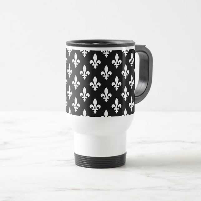 Caneca Térmica Fleur de Lis Pattern, Royal French, branco a preto (Frente Esquerda)