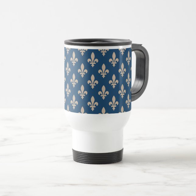 Caneca Térmica Fleur de Lis Pattern, Royal French, Cream on Blue (Frente Esquerda)