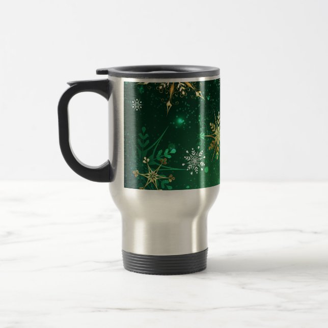 Caneca Térmica Flocos de neve do Ouro Xmas em fundo verde (Esquerda)