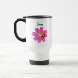 Caneca Térmica Flor de Cosmos Rosa Vivo com uma Abelha Personaliz