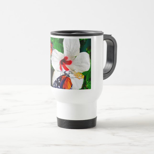 Caneca Térmica Flor de Hibisco com 2 borboletas Tiger Longwing (Frente Esquerda)