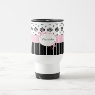 Caneca Térmica Floral cor-de-rosa chique do damasco preto e