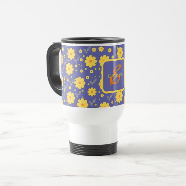Caneca Térmica Floral Moderno Roxo Nome Amarelo Monograma Modelo (Frente Esquerda)