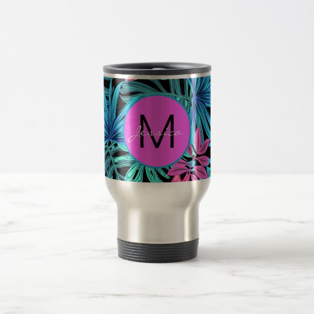 Caneca Térmica Floral Tropical Azul Brilhante Personalizado (Centro)