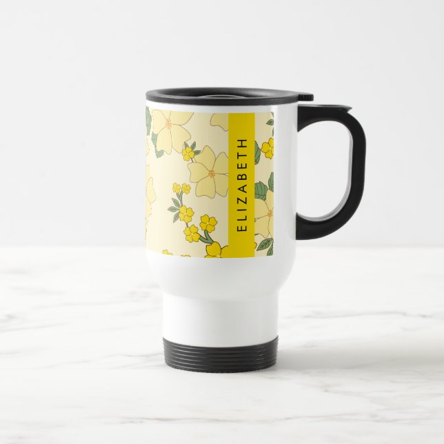 Caneca Térmica Flores Amarelas, Padrão De Flores, Seu Nome (Direita)