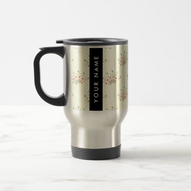 Caneca Térmica Flores Azuis e Vermelhas, Preto, Seu Nome (Esquerda)