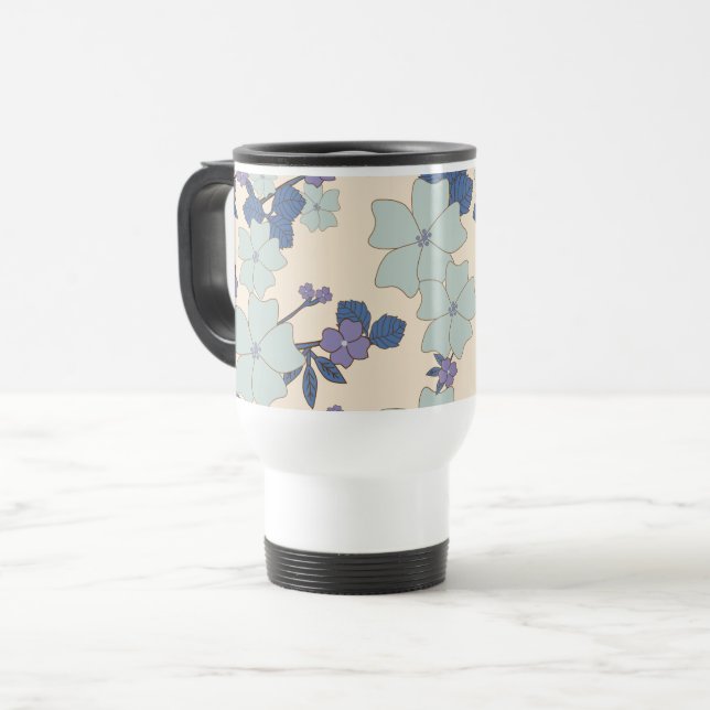 Caneca Térmica Flores Azuis, Flores Roxas, Padrão Floral (Frente Esquerda)